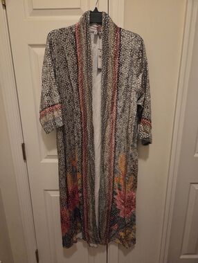 Anthropologie Floral Open-Front Long Cardigan Coatigan - Gray with Pink & Yellow